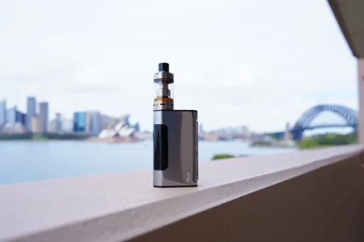 A person browsing an online vape store Sydney on their laptop, comparing different products in a clean, well-lit apartment.